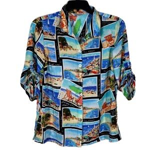 John Mark Womens Watercolor Postcard Print Top Shirt M Shell Buttons Blue Beachy